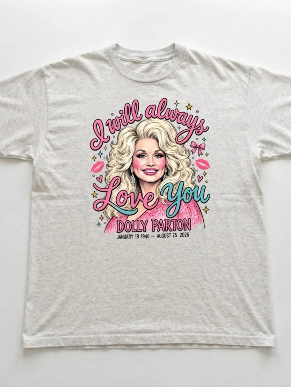 Natural Graphic Tee with Pink & Blue Lettering